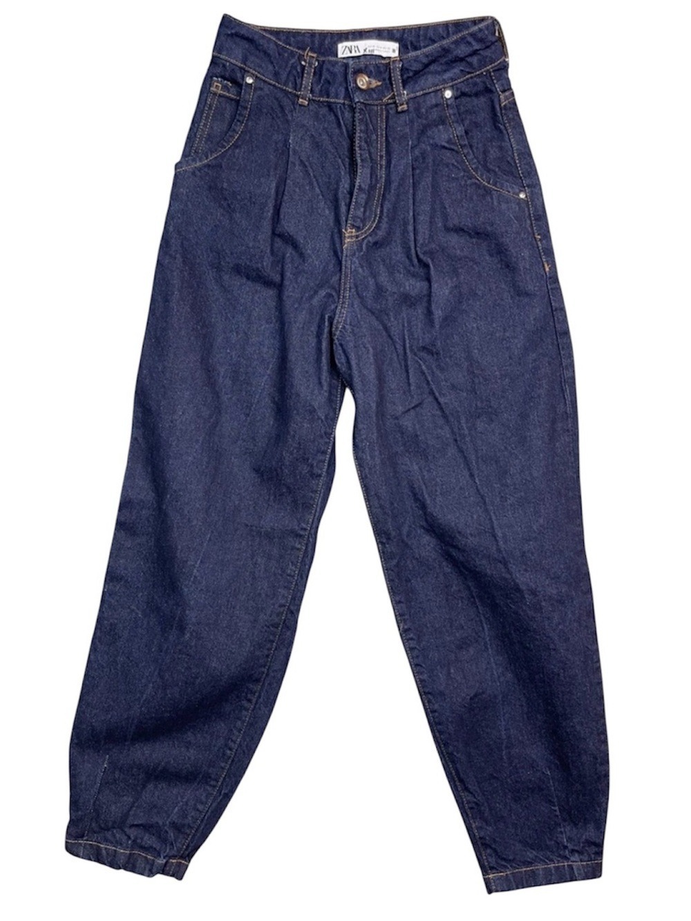 ZARA DARK WASH HIGH WAIST BARREL JEANS  TAPERED LENGTH SZ 10